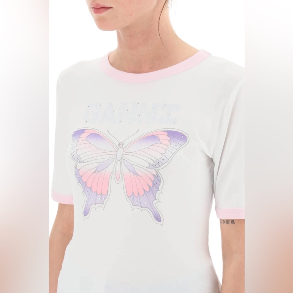 NWT Ganni White & Pink  Butterfly Print Lyocell Tee w/ Rhinestones Size M
